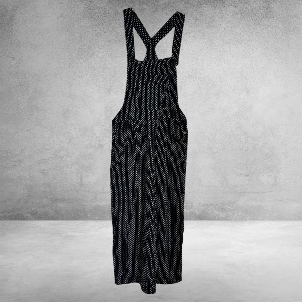 H &M Women's Black Blue and Tan Dot Cropped Overall Jumpsuit size 8